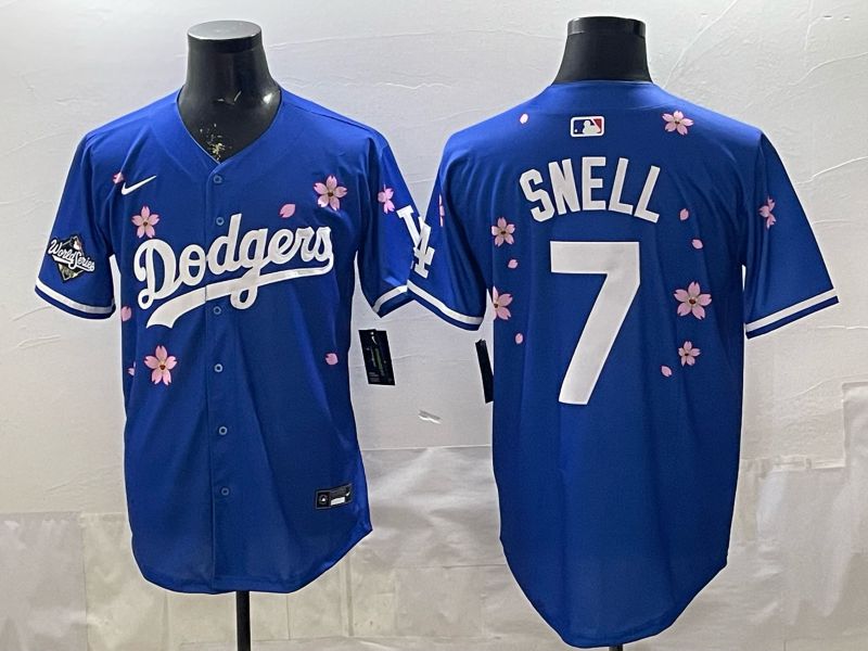 Men Nike 2026 Los Angeles Dodgers #7 Snell Blue Sakura Edition Game MLB Jersey 002
